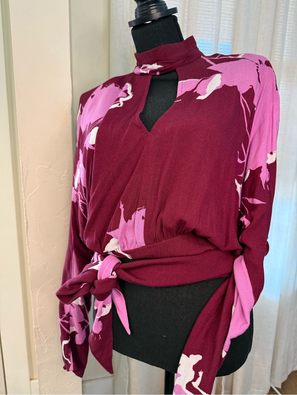 Free People Burgundy and Pink Floral Mock Neck Wrap Blouse